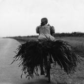 Female cyclist with harvest near Kiev, 1960