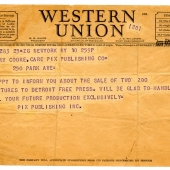 Cooke's first assignment, Western Union telegram